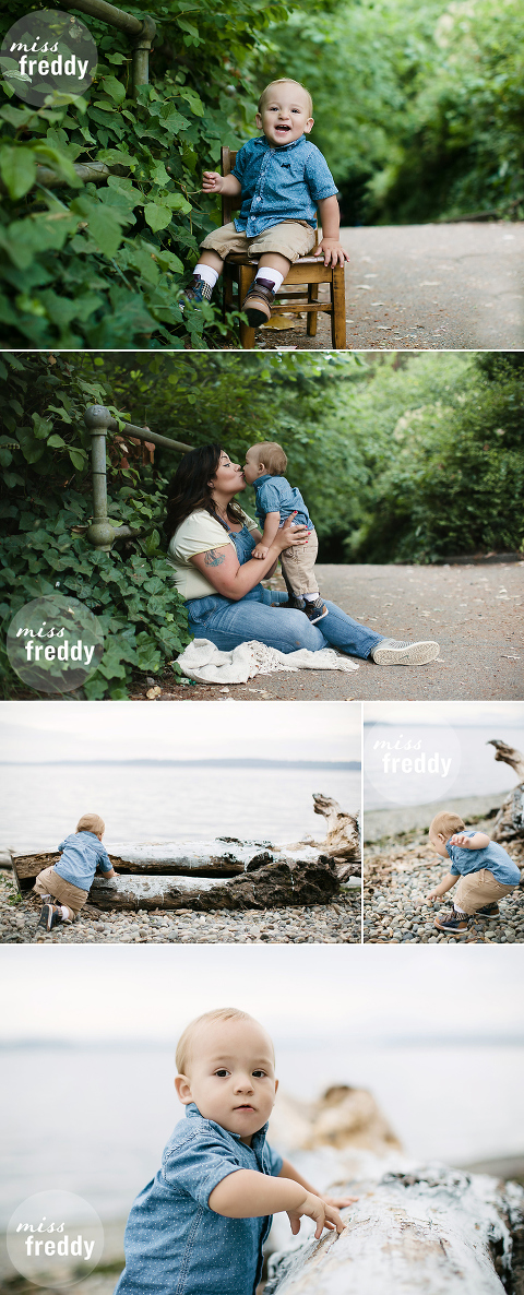 Cute poses for a toddler on a beach from Miss Freddy, West Seattle baby photographer.