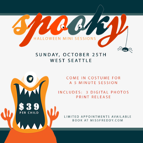 Book a halloween mini photo session and come in costume for some quick (and affordable!) professional photos by Seattle Kids Photographer, Miss Freddy!