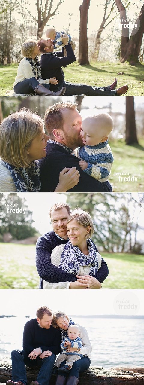 A sweet, snuggly family in their sweaters to document a first birthday milestone... captured by Miss Freddy, West Seattle baby photographer!