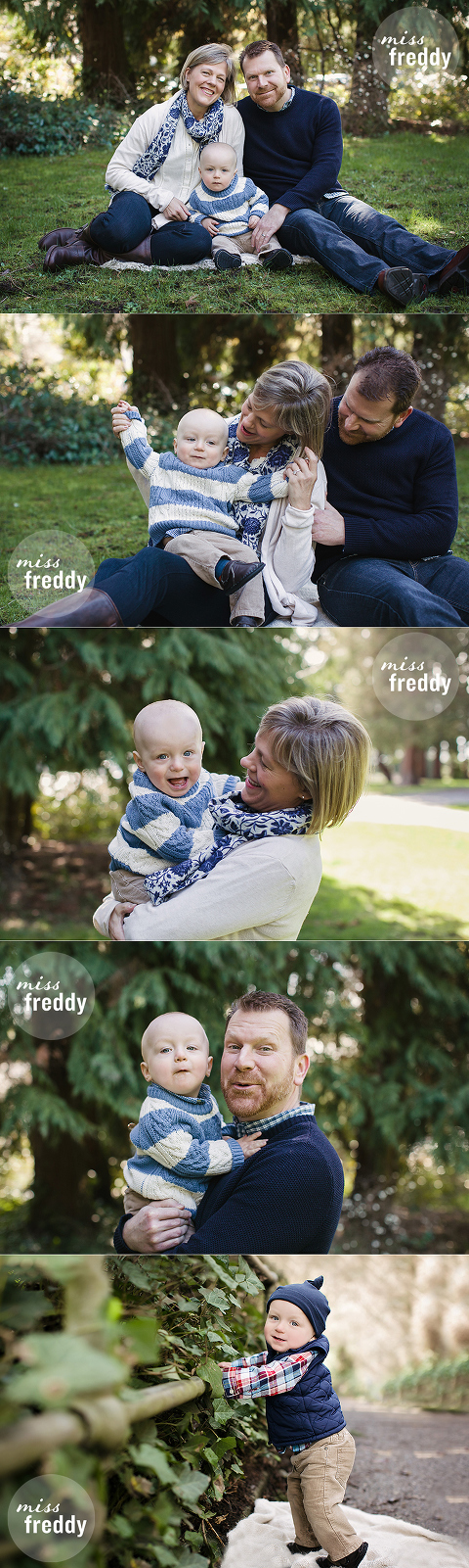 A sweet, snuggly family in their sweaters to document a first birthday milestone... captured by Miss Freddy, West Seattle baby photographer!