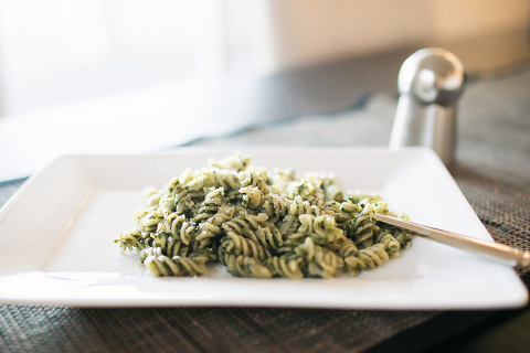 My favorite pesto recipe!  Green noodles are a favorite in my house.  They are super easy to make and I love watching the kids gobble up the hidden greens.  