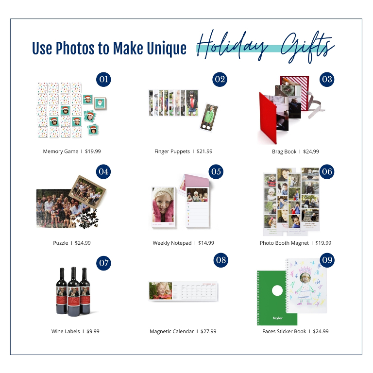 In preparation for the holidays, I pulled together my favorite photo gift ideas... for all ages!  Everything is under $30 and takes only a few minutes to design.