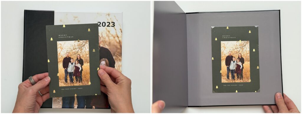 Want to include a Christmas Card in your annual photo book? Use photo corners to make it removable, so you can enjoy both sides of the card.