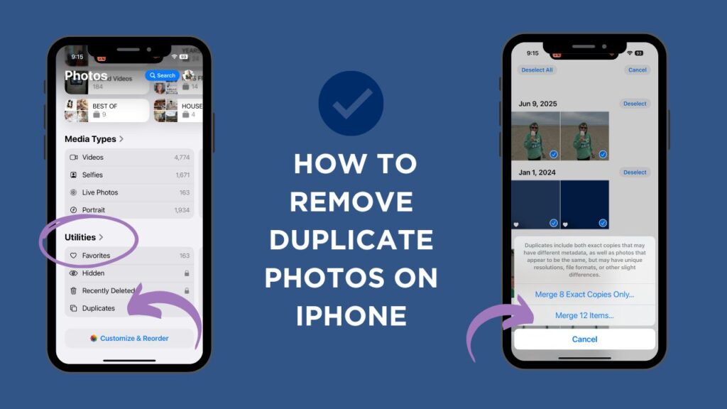 Remove duplicate photos on iPhone using the Apple Photos Duplicates feature. Save space, keep favorites, and clean up your library easily.
